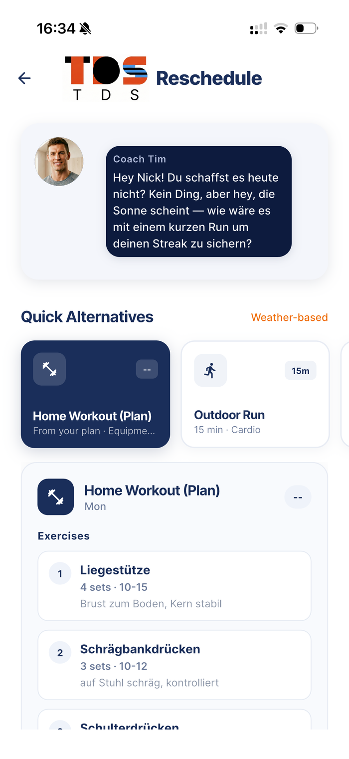 Alternative wählen oder Training verschieben