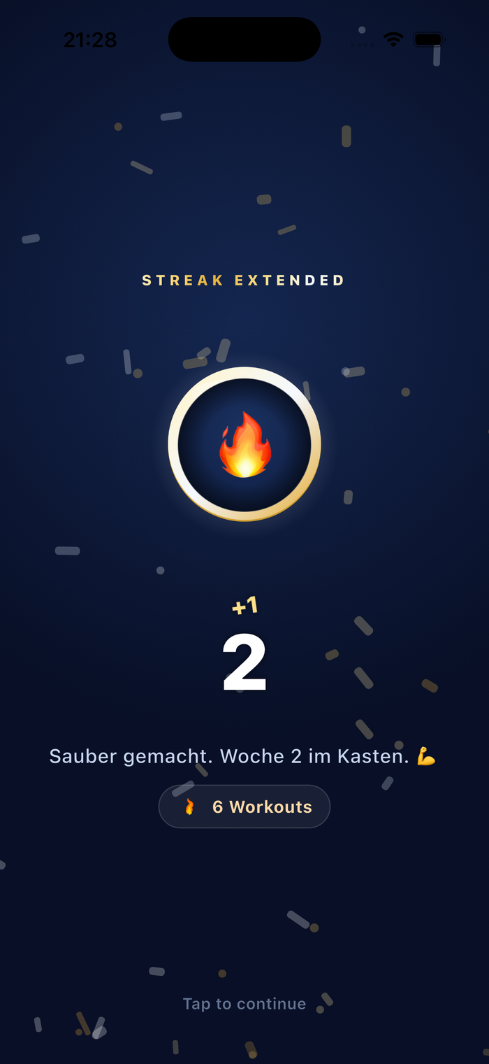 Streak verlängert — Feier-Screen mit Medaille und Flamme